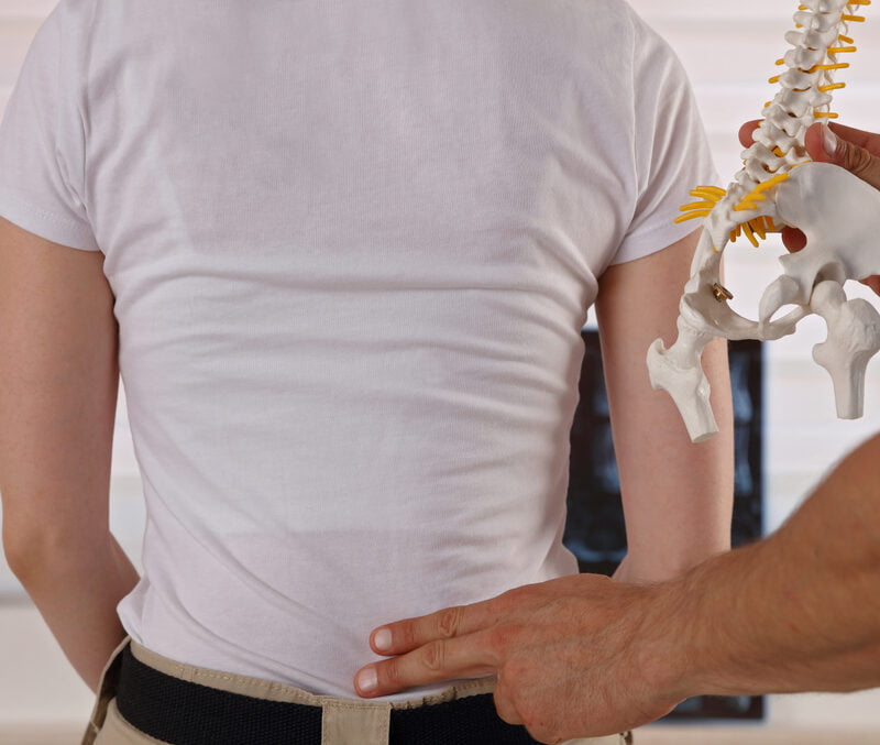 A patient stands facing away while a chiropractor points to their lower back, using a spine model to explain alignment during a spinal screening - Spinal Screening