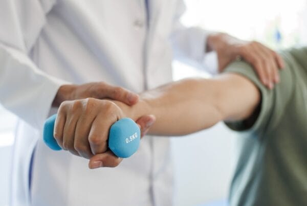 A physical medicine specialist guiding a patient through an arm strengthening exercise using a light blue dumbbell - Physical Medicine and Rehabilitation